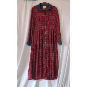 Vintage Country Wear Womens Red Plaid Flannel Maxi Shirt Dress US 14